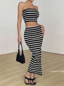 SHEIN Unity 2pcs/Set Women Striped Casual Everyday Fashion Sweater - Black and White - View 4