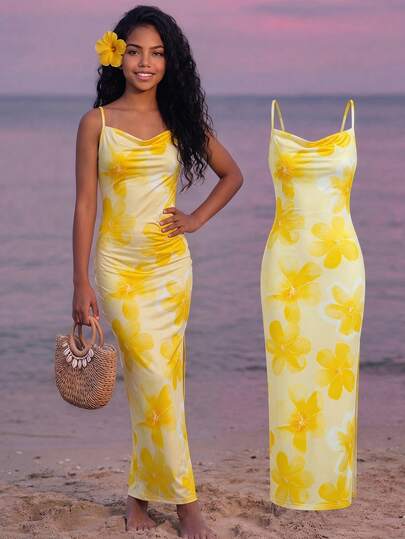 SHEIN 法式黄色碎花吊带连衣裙，适合女孩，夏季修身贴合优雅连衣裙