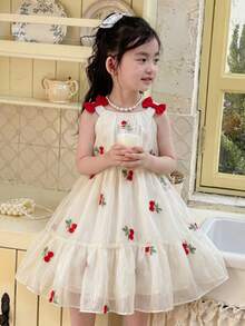 SHEIN Vestido sin mangas con bordado de lazo 3D y cereza, estilo dulce y lindo para niñas, nueva colección primavera/verano, adecuado para fiestas de cumpleaños, uso diario, vacaciones, ropa de primavera y verano para niñas - Albaricoque - Ver 3