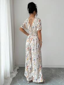 SHEIN Elenzya 女士夏季优雅碎花褶皱连体裤，腰部收褶，长袖 - 彩色 - 查看 2