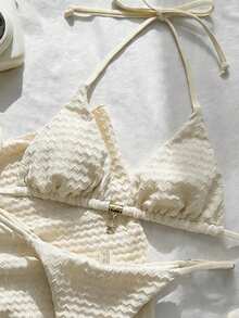 Swim Mod Bộ bikini 3 mảnh dành cho nữ, chất liệu jacquard, kiểu cổ yếm, trang trí kim loại, thích hợp cho mùa xuân/hè. - Màu be - Xem 5