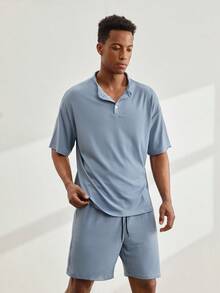 Driftmere Bộ áo thun nam, áo thun cổ kéo nửa thân, dáng rộng vai rớt, vải dệt jacquard, bộ áo thun màu xám xanh. - Màu xanh lam - Xem 8