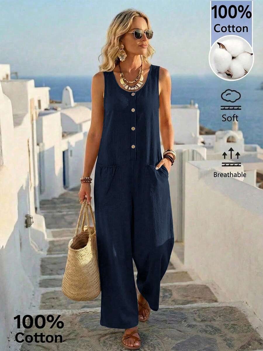 EMERY ROSE 女士纯色口袋休闲日常连体裤 - 藏蓝色 - 查看 1