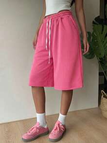 Muchica 紫红色抽绳腰带休闲加大码女式短裤 - 玫紅色 - 查看 3