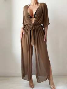 SHEIN Swim Kimono casual de mujer con cuello en V profundo, cintura ceñida, mangas tipo murciélago, para usar de cubrecosas en vacaciones de verano - Café integral - Ver 4