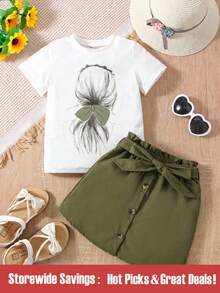 SHEIN 女小童休閒街頭服飾肖像圖案小圓形翻領常規袖2入組/套適合夏天 - 彩色 - 查看 1