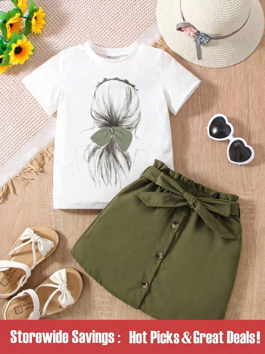 SHEIN 女小童休閒街頭服飾肖像圖案小圓形翻領常規袖2入組/套適合夏天 - 彩色 - 查看 1