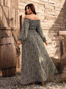 SHEIN PETITE CURVE 春夏新款短款女士复古V领泡泡袖抽绳前开襟碎花浪漫优雅波西米亚风度假连衣裙 - 彩色 - 查看 2