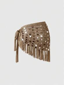 ROMWE Avant 亮片不对称流苏女士毛衣半身裙，侧边系带，性感钩针半身裙，适合海滩度假 - 卡其色 - 查看 2