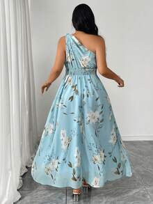 SHEIN Clasi Vestido longo plus size feminino com estampa floral, sem mangas e com ombros à mostra. Elegante para uso diário e ao ar livre, perfeito para o verão. - Azul - Ver 2