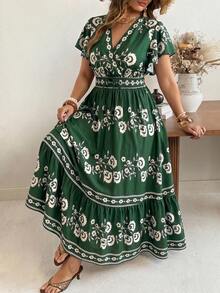 Ceyna Plus-Size Women's Summer Bohemian Business Casual Light Green Dress, Deep V-Neck With Ruffled Sleeves, Waist-Cinching A-Line Long Dress, Vacation - Multicolor - View 5