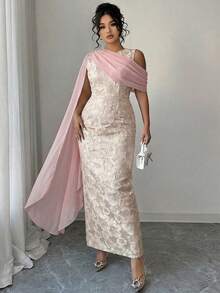 Elenzga Đầm maxi nữ bán chạy nhất, chất liệu vải jacquard vàng có họa tiết, kiểu dáng thanh lịch với khăn choàng chiffon, phù hợp cho các bữa tiệc, hẹn hò, mua sắm và nhiều dịp khác trong mùa xuân/hè. - Hồng - Xem 4