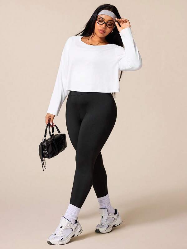 SHEIN Rhythm Era 3pcs Women's Plus Size Sports Yoga Outdoor Fitness Suit, Loose Crop Long Sleeve T-Shirt, Camisole Sports Bra, Tight Leggings