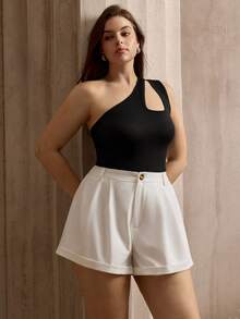 Flouryn New Spring/Summer Asymmetrical Shoulder Brown Fitted Top And Shorts 2 Pieces Set, Plus Size Gym - Multicolor - View 7