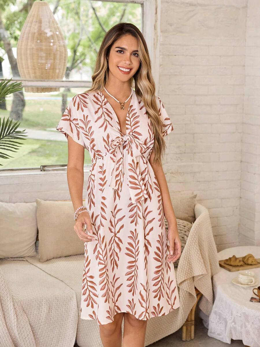 Serenescape Summer Short Sleeve Floral Leaf Print Casual Nightgown For Women - Multicolor - View 1
