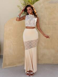 Glamine Women's Sexy Girlisim High-Waisted Asymmetrical Lace Patchwork Long Skirt, Pastal, Suitable For Vacation Party Golf Wear Autumn - Yellow - View 4