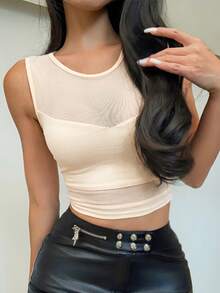 SHEIN PETITE Top deportivo de malla transparente minimalista para mujer - Albaricoque - Ver 5