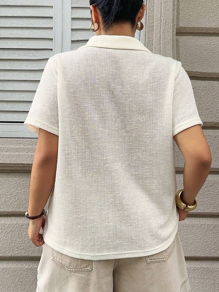 Dazy Plus Áo thun nữ cỡ lớn tay ngắn cổ polo dáng rộng thoải mái mùa hè, phong cách nghỉ dưỡng - Màu be - Xem 5
