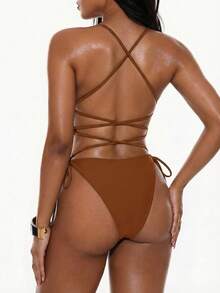 Traje de baño de una pieza con diseño de remaches y escote halter sexy para mujer - Bronce - Ver 2
