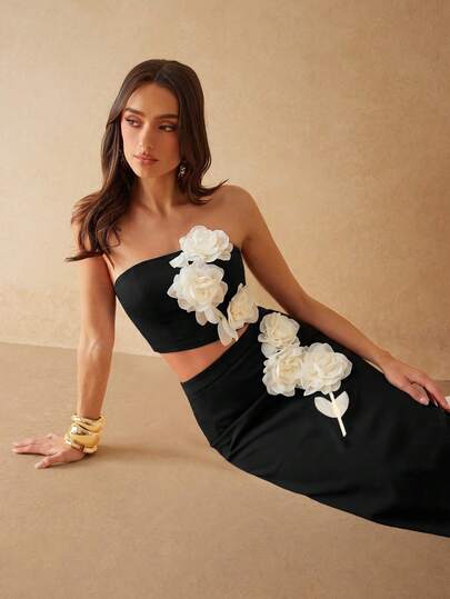 Silquee Top corto de bandeau con decoración floral 3D de moda para mujer