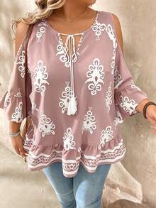 SHEIN LUNE Áo kiểu dáng rộng rãi, thoải mái, in họa tiết toàn thân, trễ vai, thắt nơ, tua rua, viền bèo nhún, thích hợp cho kỳ nghỉ. - Bụi hồng - Xem 3
