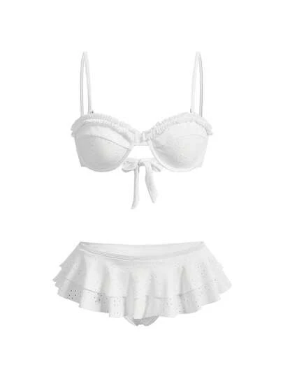 ROMWE Avant 性感浪漫白色比基尼套装 - 蕾丝边抹胸上衣搭配高腰荷叶边迷你裙 | 女士沙滩度假泳装夏季