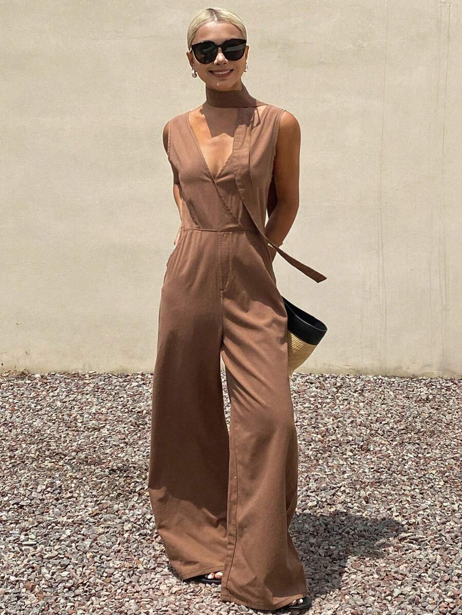 Bộ jumpsuit denim nữ cổ chữ V sâu, xếp ly, kiểu dáng thường ngày, thoải mái. - màu nâu - Xem 1