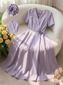 Modelyn Elegant 3D Floral V-Neck Women Dress,Summer Dresses For Women - Purple - View 2