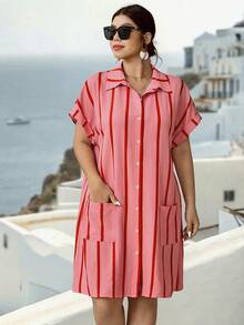 Plus Size Woven Casual Resort Summer Women's Dress - Pink - View 3