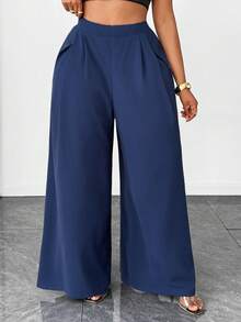 Maweii Women's Navy Blue Pleated Wide Leg Pants,Elegant Semi Formal Minimalist Design For Autumn,High-Quality Plus Size Casual Commuter Office Trousers - Navy Blue - View 2