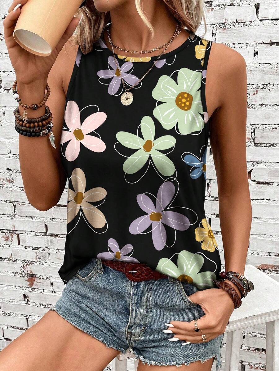 EMERY ROSE Plus Size Casual Floral Print Round Neck Tank Top, Summer - Multicolor - View 1