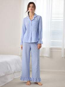 Ocili 波西米亚风印花棉质灯笼袖女士睡衣套装 - 藍白色 - 查看 6