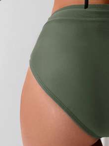 Swim Basics 女款橄欖綠高腰交叉比基尼泳褲 度假海灘夏季沿海時尚風 - 綠色 - 查看 3
