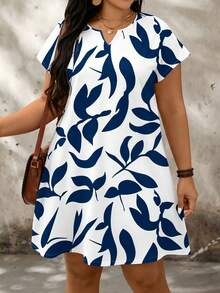 SHEIN LUNE Casual Minimalist Color Block Pattern Loose Short Sleeve Plus Size Dress, Suitable For Summer - Navy Blue - View 3
