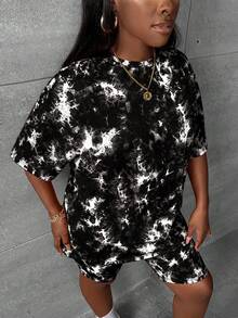 Slaydiva Bộ đồ 2 món dành cho nữ cỡ lớn: Áo thun cổ tròn tay ngắn nhuộm tie-dye và quần short. - Nhiều màu - Xem 5