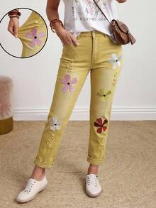 EMERY ROSE Plus Size High Stretch Floral Decorated Casual Jeans - Apricot - View 3