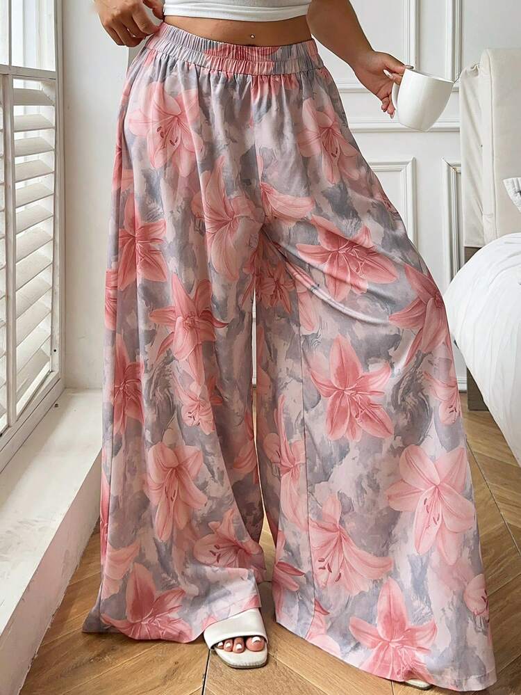 Dazy Plus Elegant Floral Print Loose Wide Leg Pajama Pants, Comfortable Home Wear For Women, Plus Size, All Season