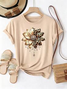 EMERY ROSE Áo thun nữ cỡ lớn tay ngắn cổ tròn in họa tiết hoa hướng dương và da báo - Màu be - Xem 4