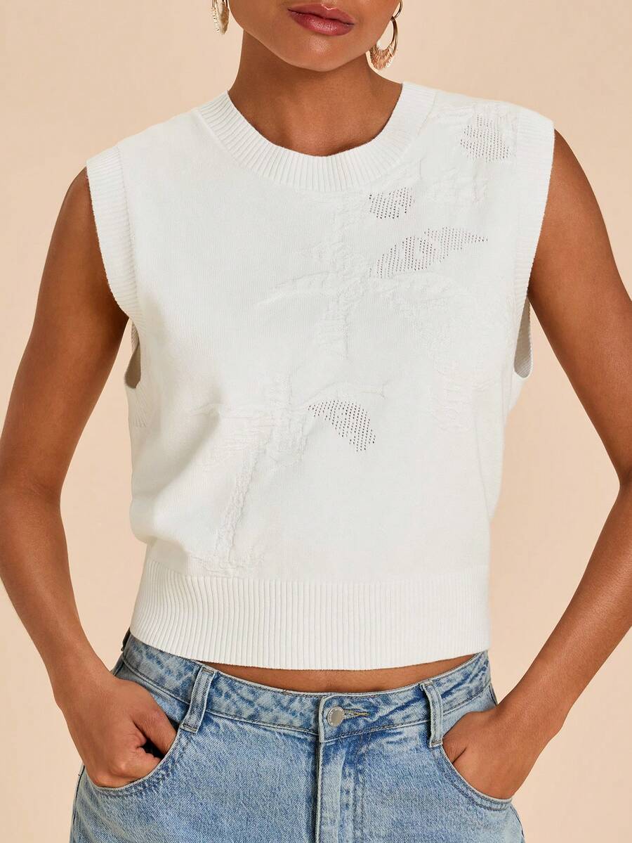 Travachic Áo tank top dệt kim họa tiết cành hoa 3D - Màu be - Xem 1