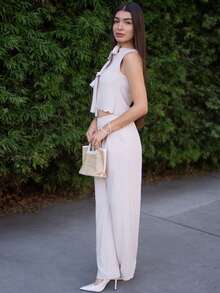 Andrea Bello 女装夏季肌肉简约日常老款风亚麻系带两件套，系带两件套，贝壳边饰无袖上衣和裤子套装，系带前教师装工作女装连衣裙两件套 - 杏色 - 查看 6