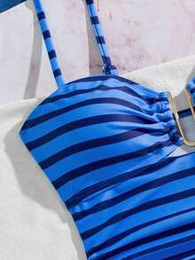SHEIN Swim 女士新款条纹U领连体泳衣 - 藍色 - 查看 7