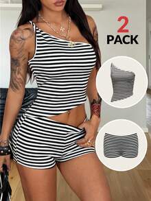 Coolane Women's Summer White 2 Pieces Casual Sexy Stretchy Shoulder Top And Shorts Suit Set, Y2k Beach Golf Vacation Outfits, Club Night Wear - Black and White - View 6