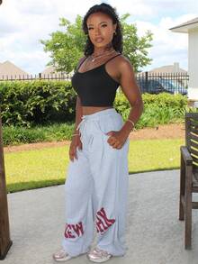 夏季女式音乐会街头风 Y2K 休闲日常运动装灰色健身印花阔腿裤 - 灰色 - 查看 5