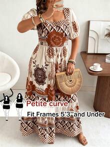 SHEIN PETITE CURVE Spring/Summer New Petite Women's Vintage Boho Square Neck Short Sleeve Casual Elegant Romantic Vacation Floral Print Maxi Dress With Hem Splice Brown - Multicolor - View 1