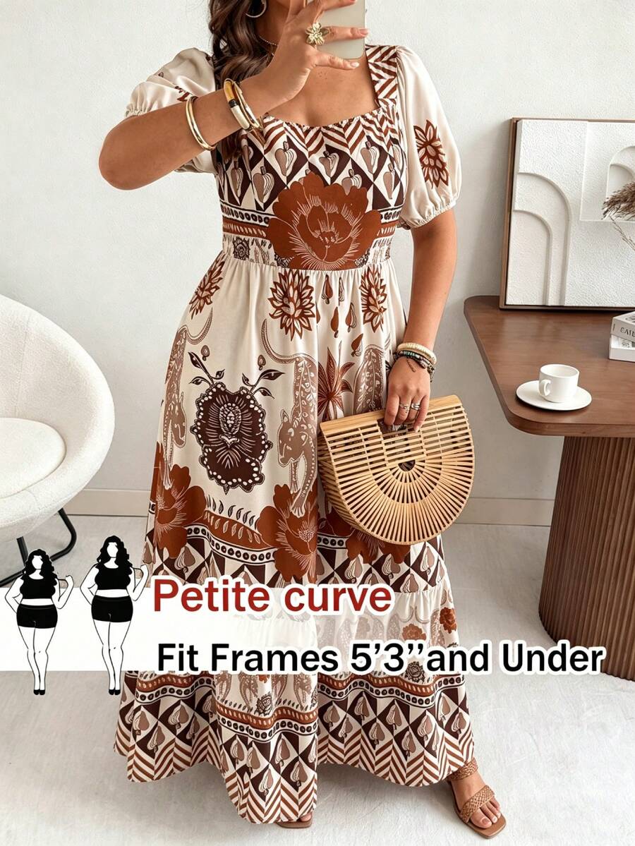 SHEIN PETITE CURVE Spring/Summer New Petite Women's Vintage Boho Square Neck Short Sleeve Casual Elegant Romantic Vacation Floral Print Maxi Dress With Hem Splice Brown - Multicolor - View 1