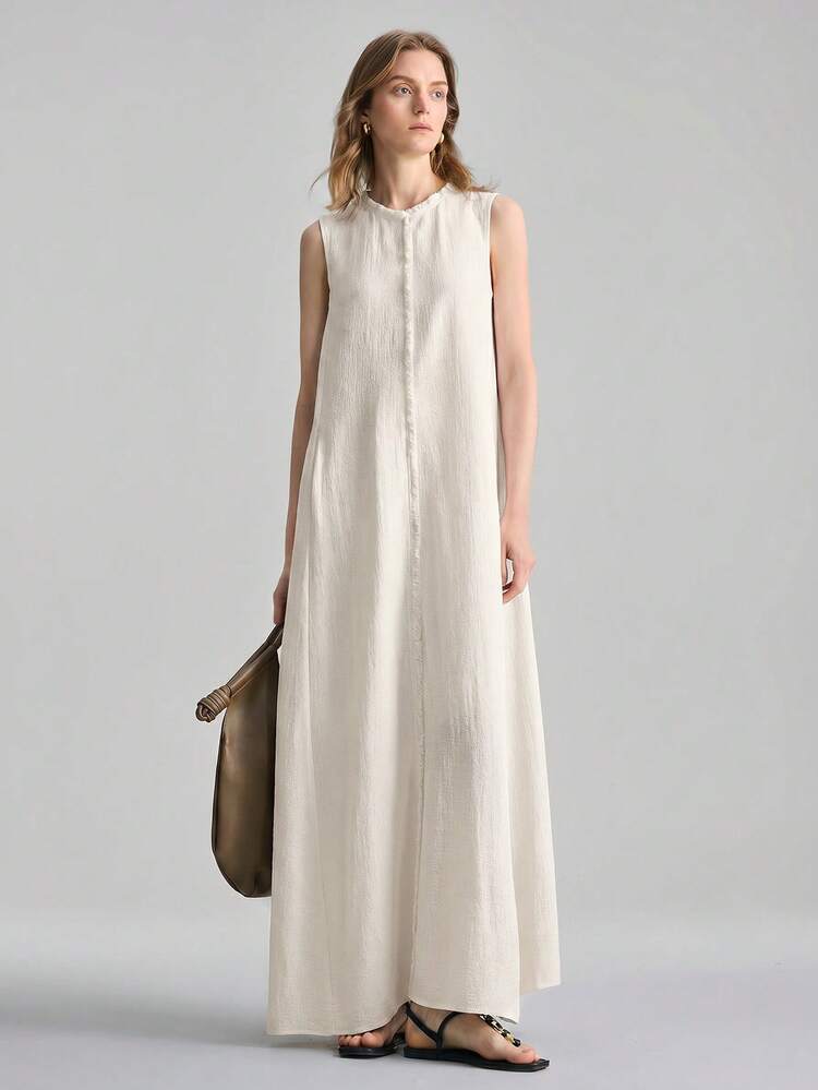 Off-White Summer Casual Vacation Women's Long Dress,Sleeveless Jacquard Linen Texture,Elegant Wedding Guest,Minimalist French Luxe Urban Chic Attire