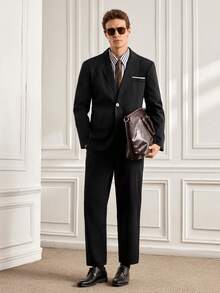 Officeau Men's Casual Blazer Suit Set Including Lapel NeckJacket And Pants, Versatile For Spring And Autumn - Black - View 3