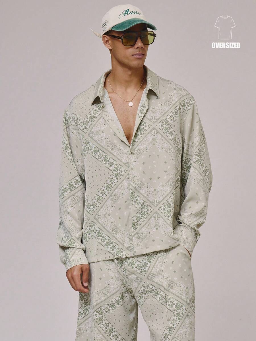 Oversized Long Sleeve Collared Dropped Shoulder All Over Print Button Through Shirt Co Ord Top Only Sets Spring Summer Holiday Essentials - Multicolor - View 1