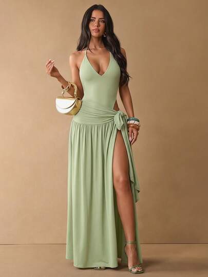 SHEIN BAE Solid Color Deep V-Neck Spaghetti Strap Jumpsuit With Skirt, Women's Spring/Summer Set, Back To School, Graduation Season, Lime Green, Wedding Guest Attire, Minimalist Elegant Sexy Dress, Beach Vacation, Elegant Dress, Wedding Guest Outfit, Vacation Date, Brunch Dress Resort Wear Women Vacation Dress Dinner Dresses For Vacation Occasion Dresses For Ladies