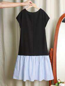 SHEIN Tween Girl Bow Striped Print Round Neck Short Sleeve Casual Dress, Vacation Dress - Blue - View 7